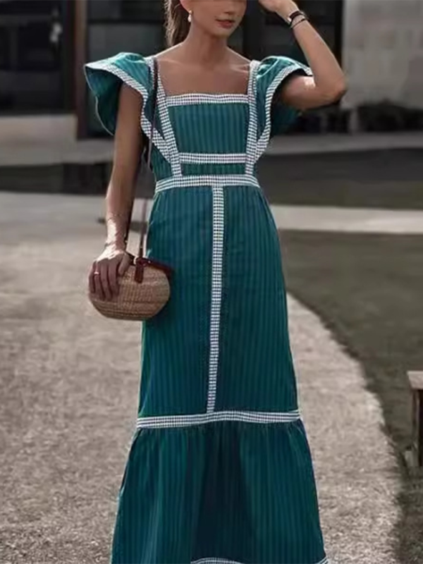 square neck contrast patchwork dress
