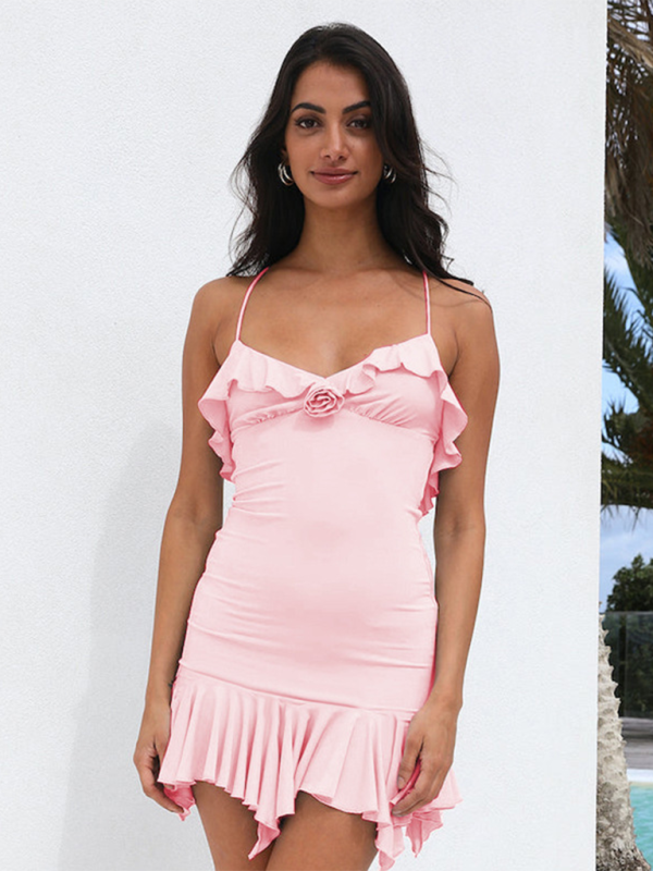 Suspender V-neck dress sexy hot girl high waist backpack hip skirt