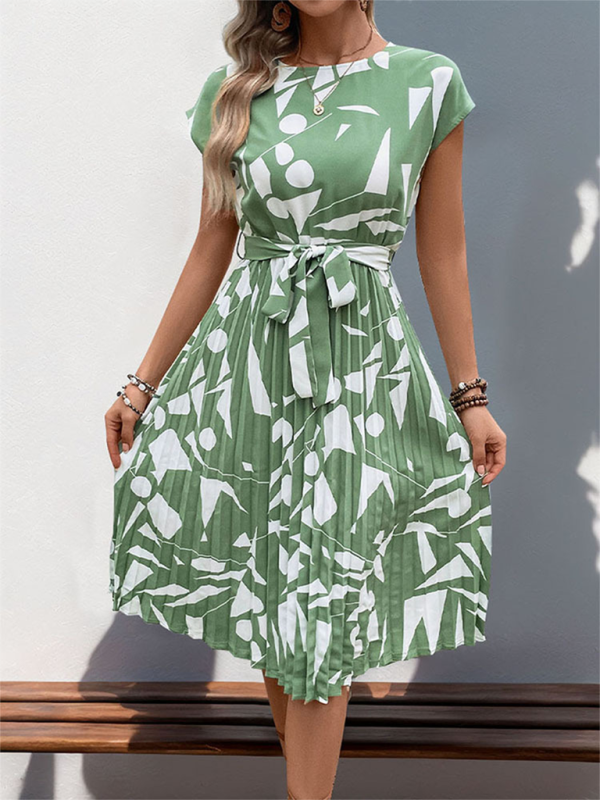 Ladies geometric pattern print pleated dress