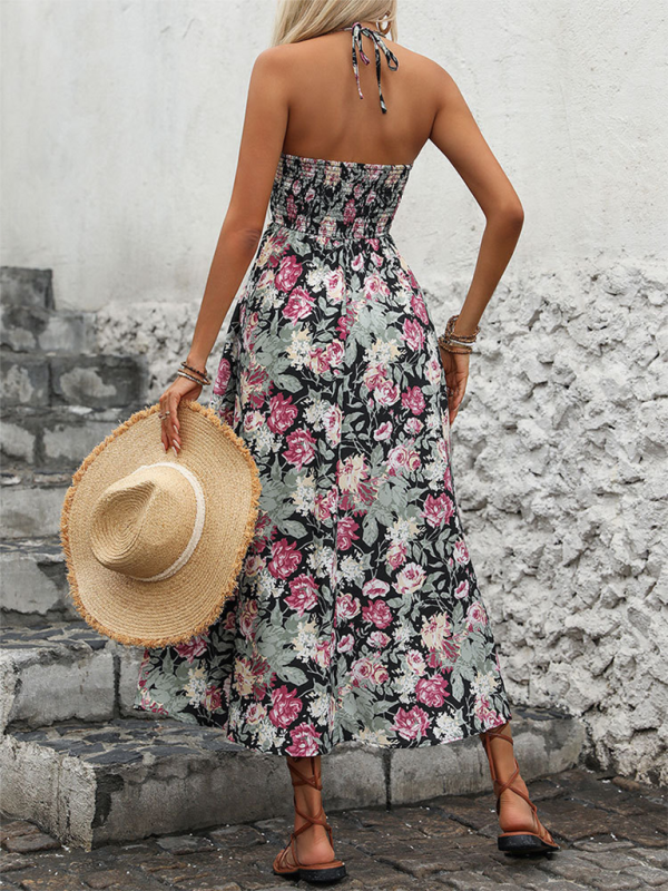 Ladies holiday style printed suspender dress