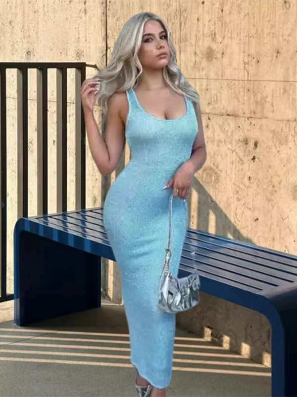 sexy U-neck slim fit sequined hip sleeveless vest dress