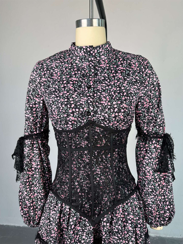 Sweet Fresh Print Waist Long Sleeve Short Lace Dress