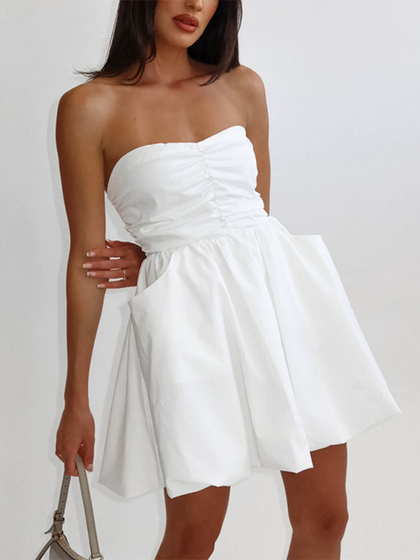 Sexy tube top dress with waist-hugging temperament white dress A-line puffy skirt