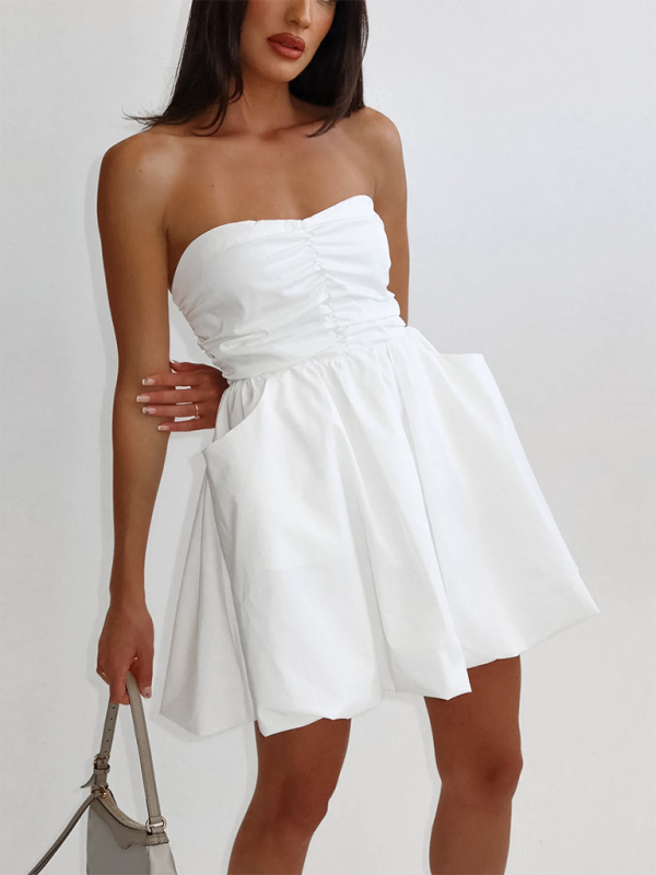 Sexy tube top dress with waist-hugging temperament white dress A-line puffy skirt