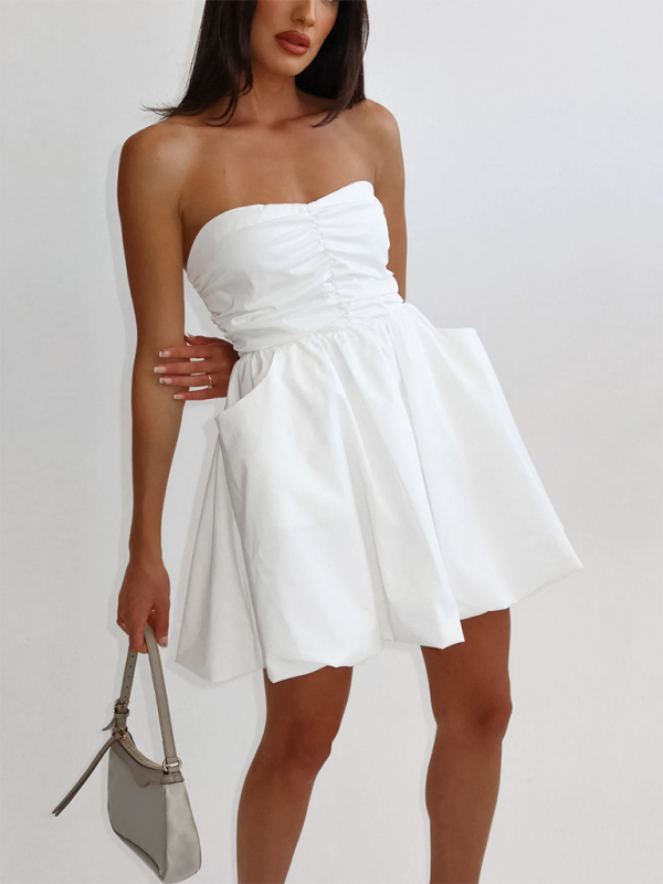Sexy tube top dress with waist-hugging temperament white dress A-line puffy skirt
