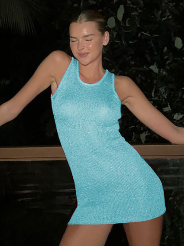 sexy slim round neck sleeveless woolen dress