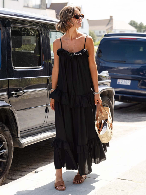 holiday style ruffled long dress with long swing and elegant beach dress