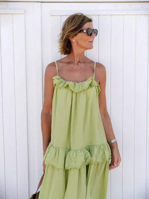 holiday style ruffled long dress with long swing and elegant beach dress