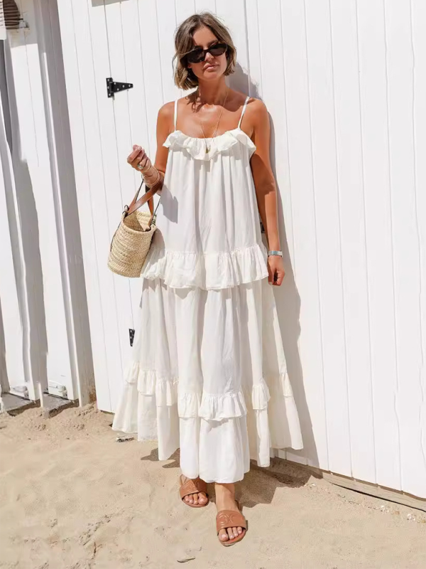 holiday style ruffled long dress with long swing and elegant beach dress