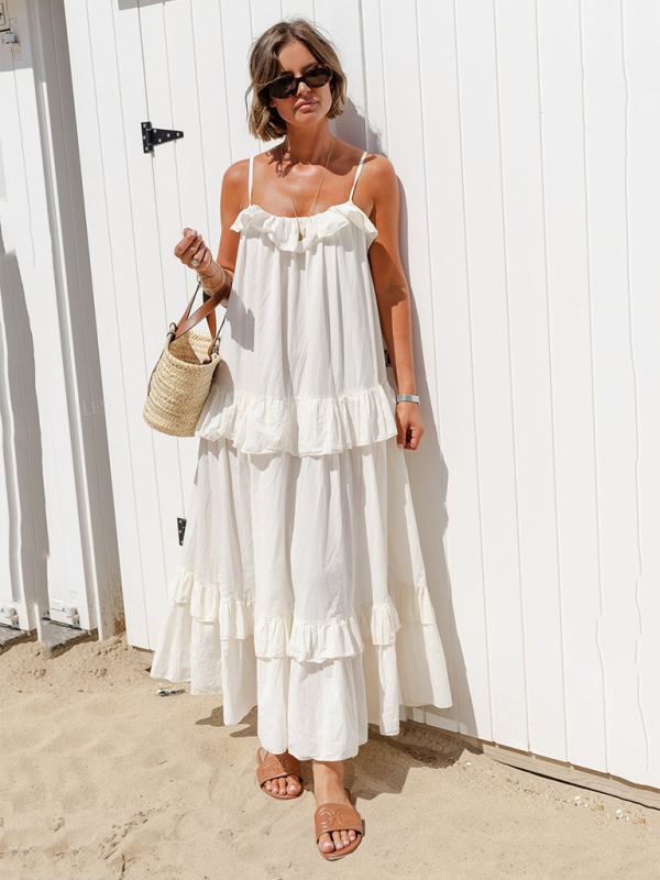 holiday style ruffled long dress with long swing and elegant beach dress