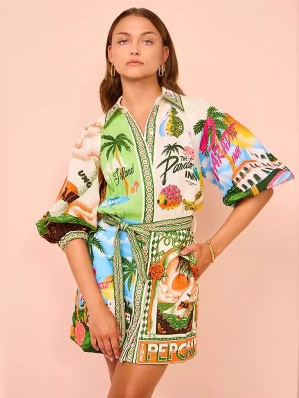 Casual printed versatile cardigan shirt with dress