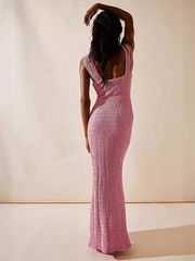 style ladies sexy hot girl solid color waist slit dress