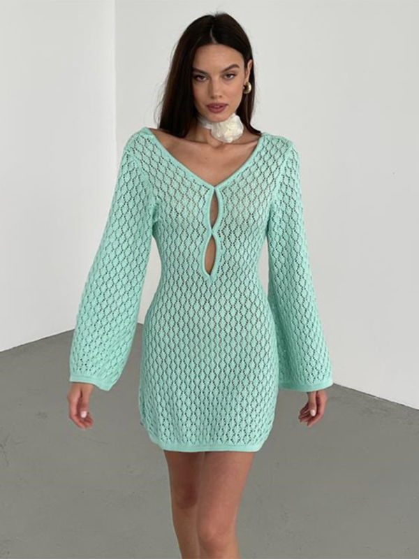 Swimwearbeach dress solid color sexy knitted hollow bikini swimsuit cover up sun protection clothing