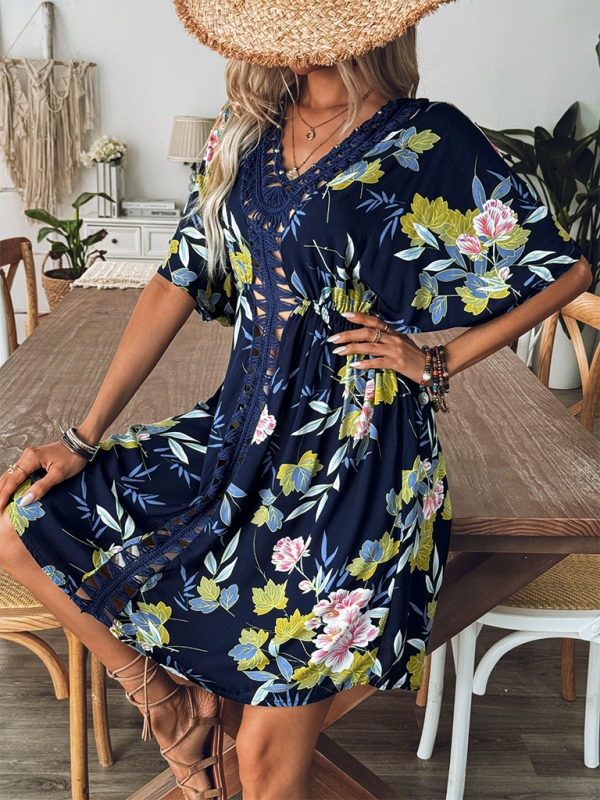 style printed beach dress hand hook beaded stitching hollow dress beach cover up