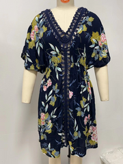 style printed beach dress hand hook beaded stitching hollow dress beach cover up