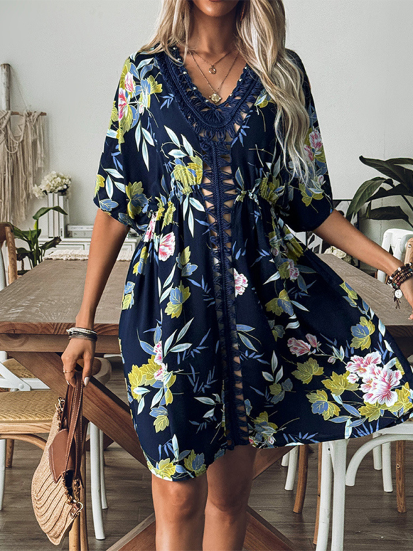 style printed beach dress hand hook beaded stitching hollow dress beach cover up