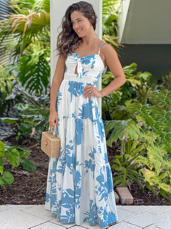 style printed suspender holiday maxi dress hollow lace dress