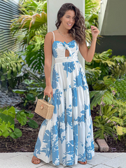style printed suspender holiday maxi dress hollow lace dress