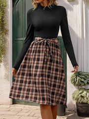 style stand-up collar slim fit elegant plaid long skirt splicing dress