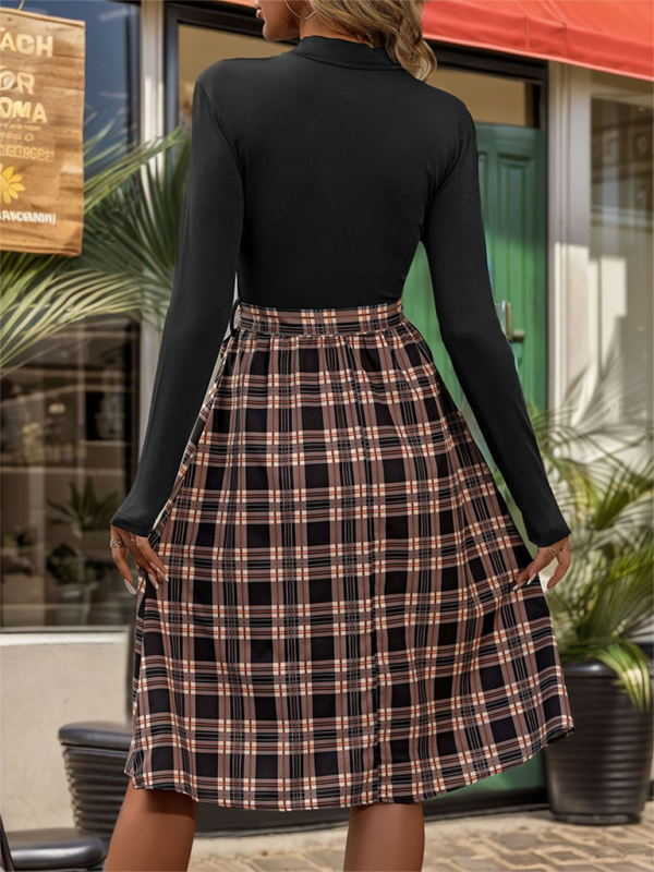 style stand-up collar slim fit elegant plaid long skirt splicing dress