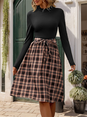 style stand-up collar slim fit elegant plaid long skirt splicing dress