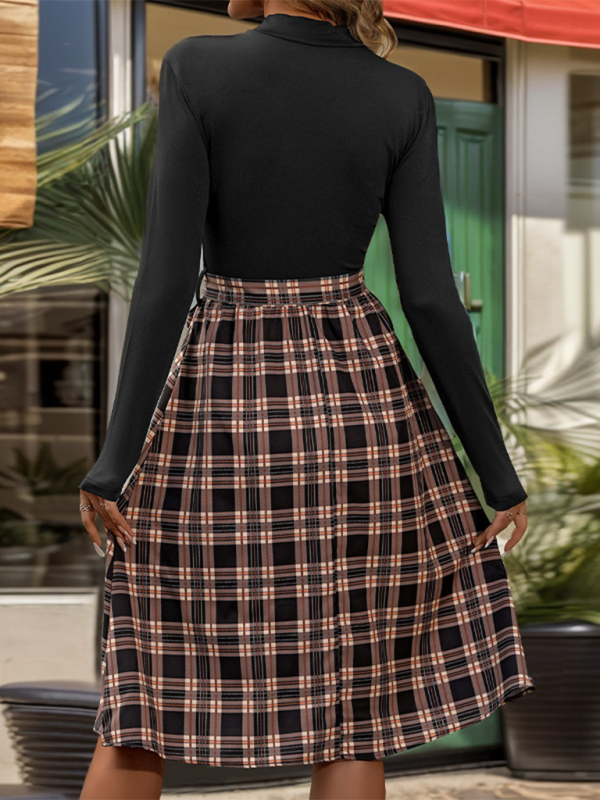 style stand-up collar slim fit elegant plaid long skirt splicing dress