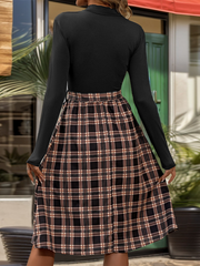 style stand-up collar slim fit elegant plaid long skirt splicing dress