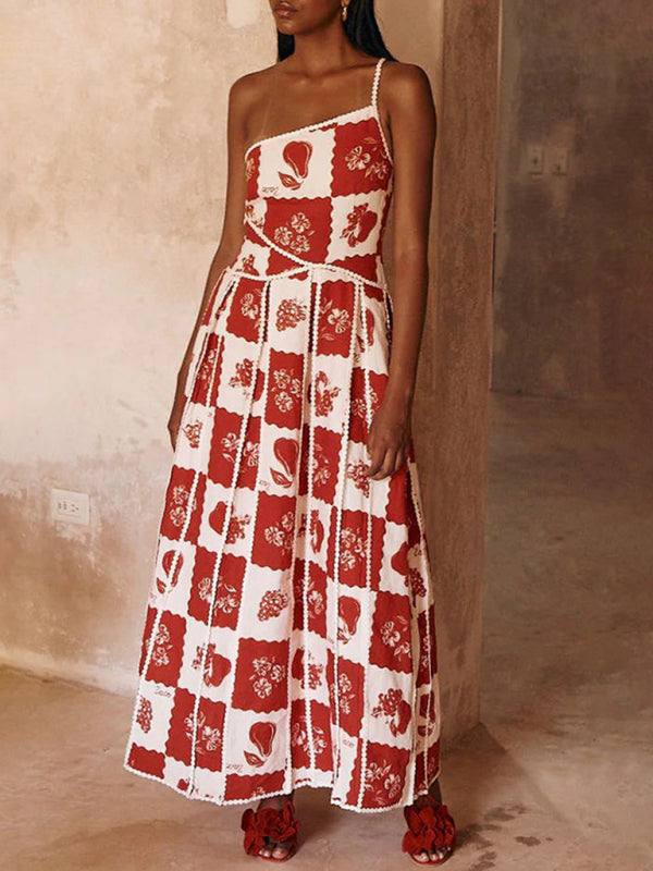 one-shoulder sling positioning print dress