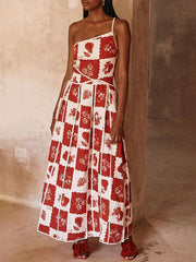 one-shoulder sling positioning print dress