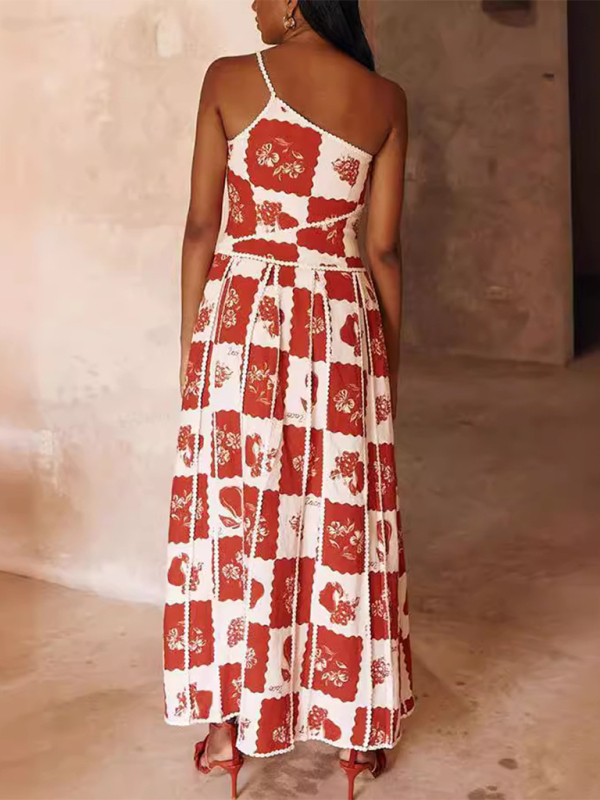 one-shoulder sling positioning print dress