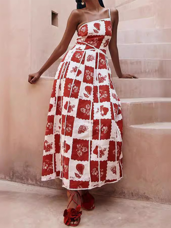 one-shoulder sling positioning print dress