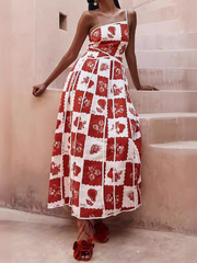 one-shoulder sling positioning print dress