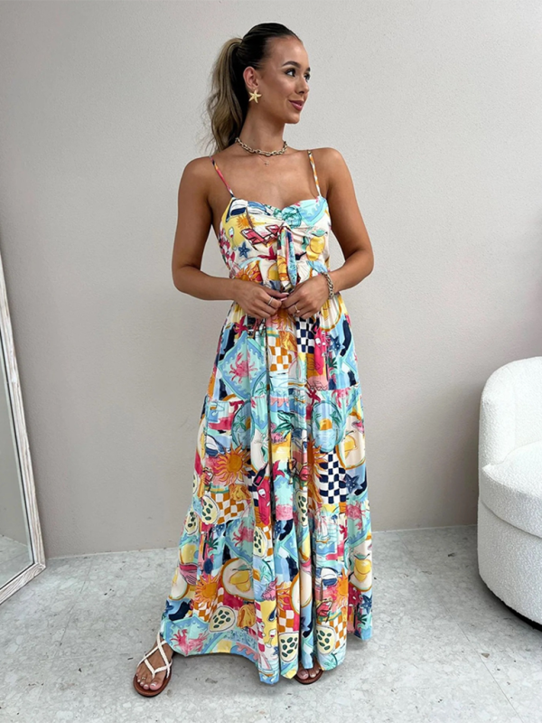 suspender print dress INS loose holiday casual elastic dress