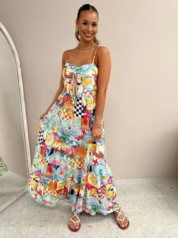suspender print dress INS loose holiday casual elastic dress