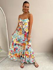 suspender print dress INS loose holiday casual elastic dress
