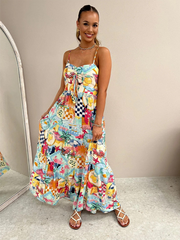 suspender print dress INS loose holiday casual elastic dress