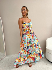 suspender print dress INS loose holiday casual elastic dress