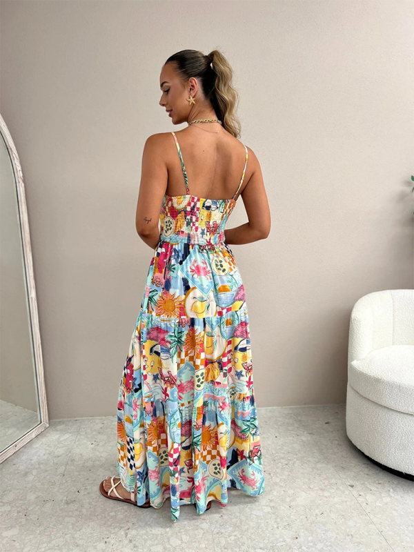 suspender print dress INS loose holiday casual elastic dress