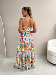 suspender print dress INS loose holiday casual elastic dress
