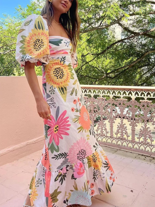 Print Lantern Sleeve Slim Swing Dress