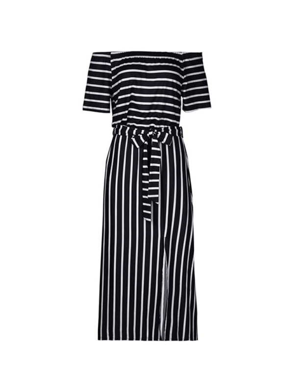 one-shoulder striped short-sleeved dress