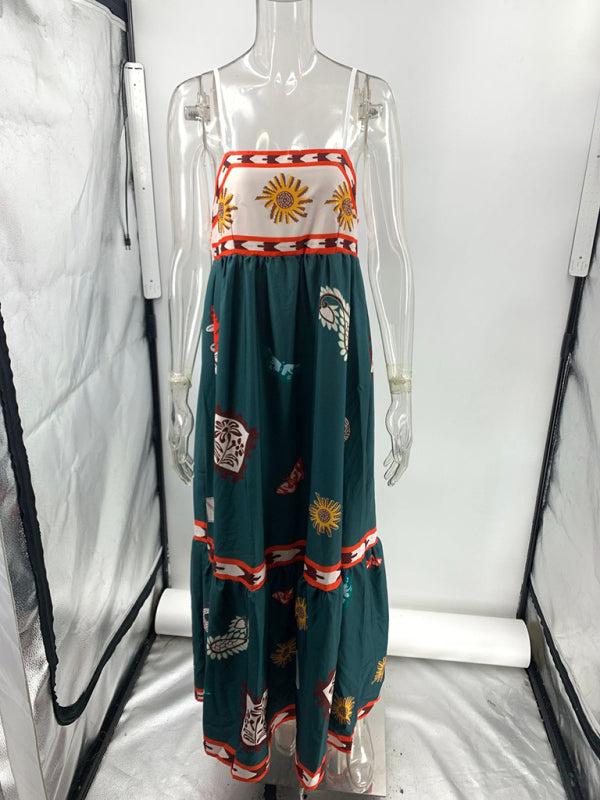 Sexy Suspender Positioning Printed Swing Dress