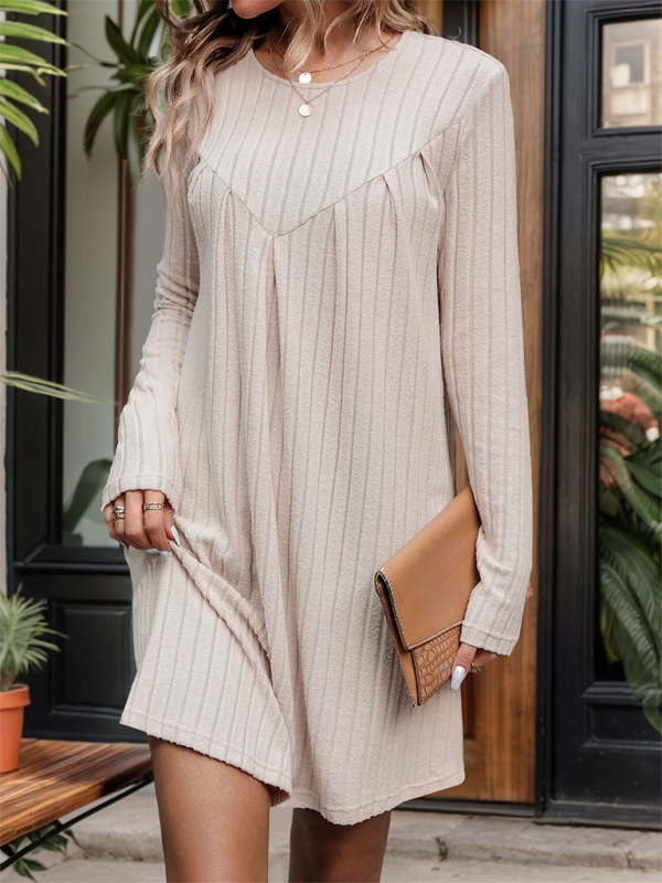 style brushed striped knitted skirt long sleeve pleated patchwork dress