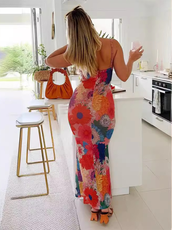 Casual One-shoulder Flower Printed Suspender Dress