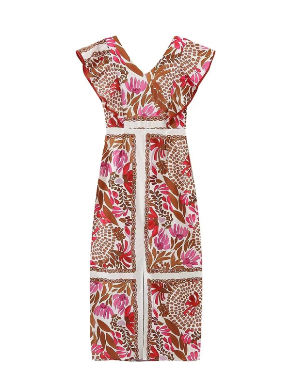 V-neck ruffled backless printed dress