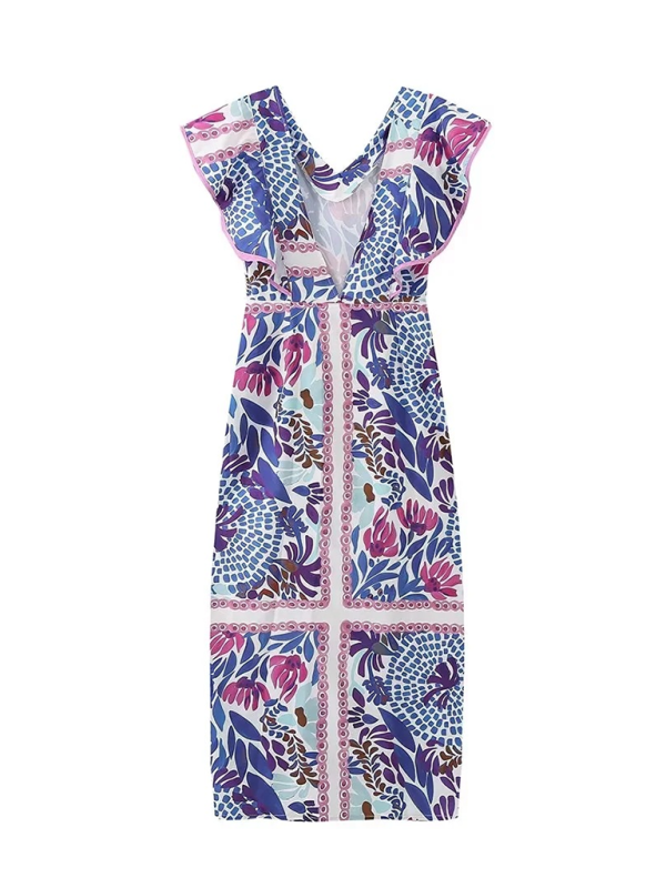 V-neck ruffled backless printed dress