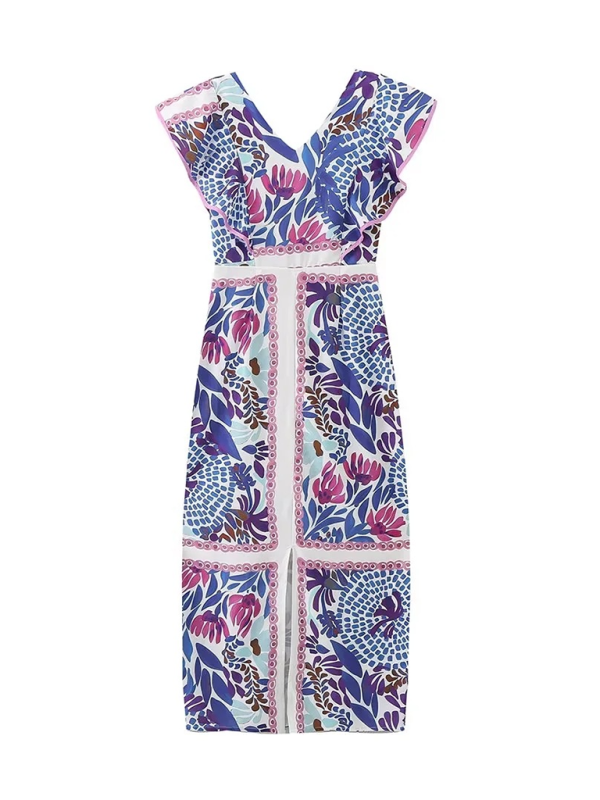 V-neck ruffled backless printed dress
