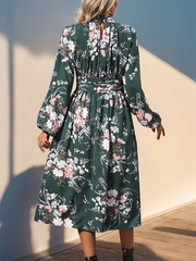 retro print elegant high waist long sleeve stand collar dress