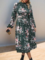 retro print elegant high waist long sleeve stand collar dress
