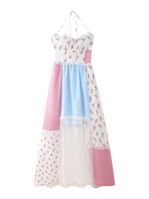 Sleeveless Sweet Halter Neck Floral Splicing Holiday Dress